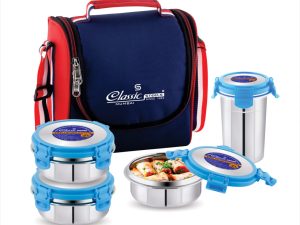 Classic Steels Stainless-Steel Lunch Box 3+1 Tumbler with Bag | Stainless-Steel Leak-Proof Containers | Full Meal Boxes (Container Size 350mlx3 & Tumbler Glass 370mlx1